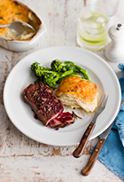 Peppered Steak with Red Wine Jus & Creamy Potato Bake